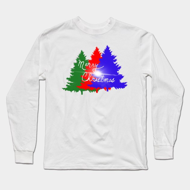 Merry Christmas on Three Trees Long Sleeve T-Shirt by designs-by-ann